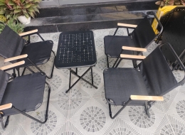 Trọn Bộ Bàn Xếp + Ghế Lưới Có Tay Đệm Gỗ