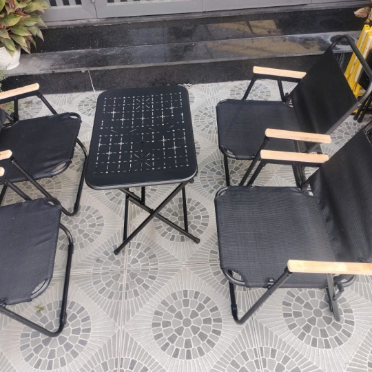 Trọn Bộ Bàn Xếp + Ghế Lưới Có Tay Đệm Gỗ